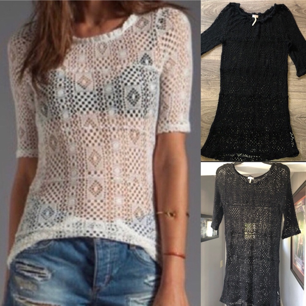 Intimately Free People Black Crochet 3/4 Sleeves Top - Picture 4 of 14